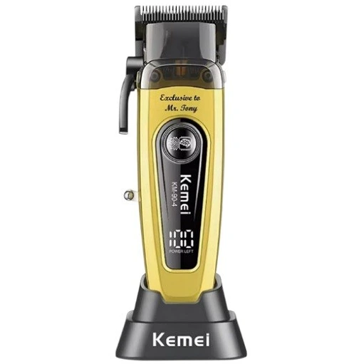 ماشین اصلاح کیمی مدل KM-90-4 NEW | حجم‌زن حرفه‌ای Kemei 90-4 با تیغه DLC، موتور 11500RPM، باتری 2000mAh و پایه شارژ