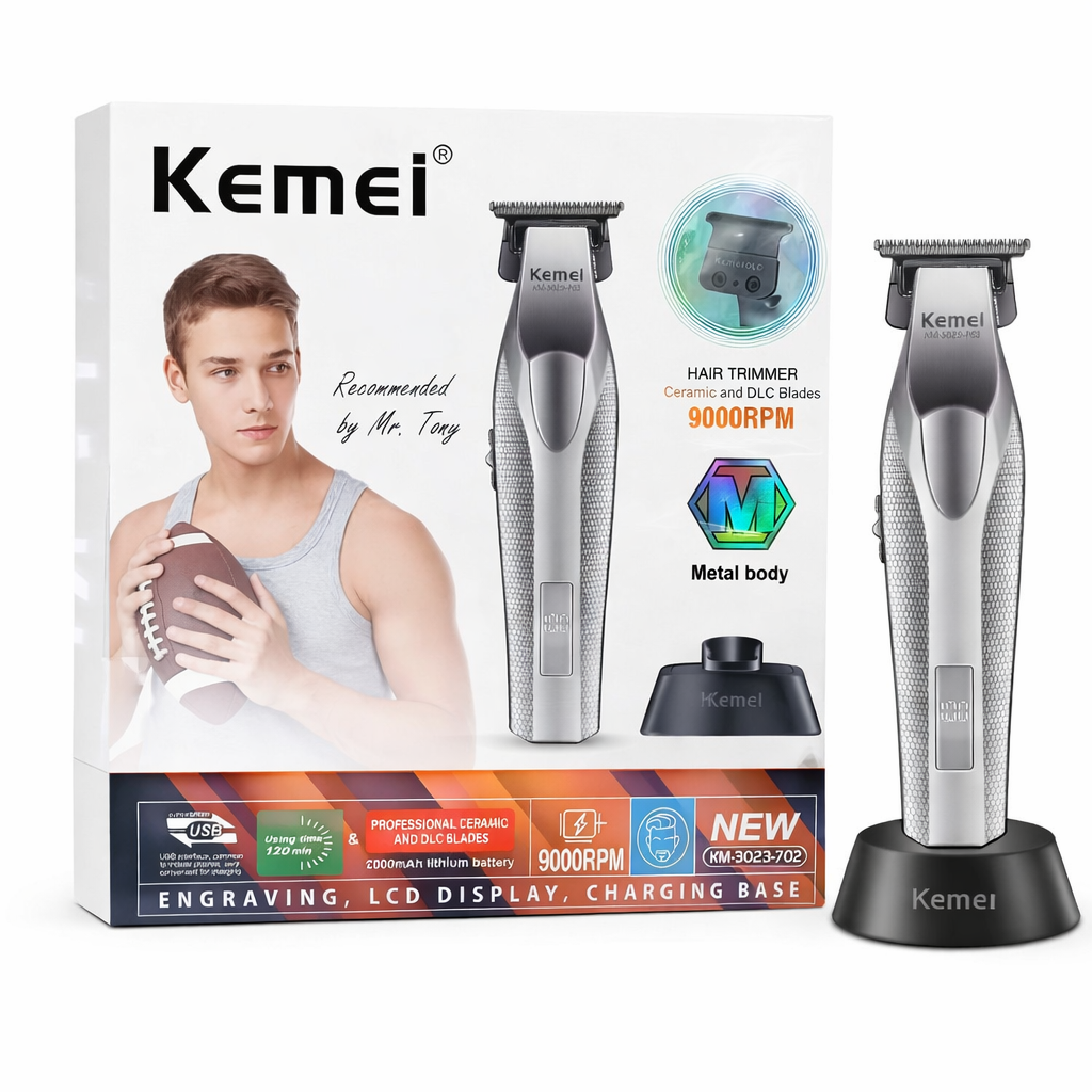 ماشین اصلاح موی صورت شارژی کیمی مدل KM-3023-702 | خط‌زن و صفرزن حرفه‌ای 9000RPM با تیغه سرامیکDLC، نمایشگر LCD و پایه شارژ