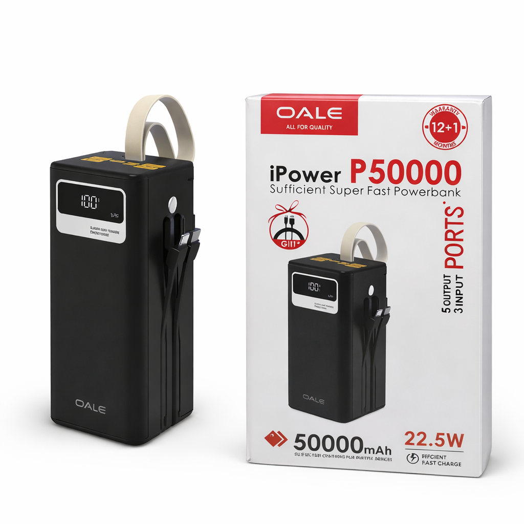 پاوربانک اوآل (OALE) مدل iPower P50000 ظرفیت 50000mAh | شارژ سریع 22.5W | دارای 5 خروجی و 3 ورودی