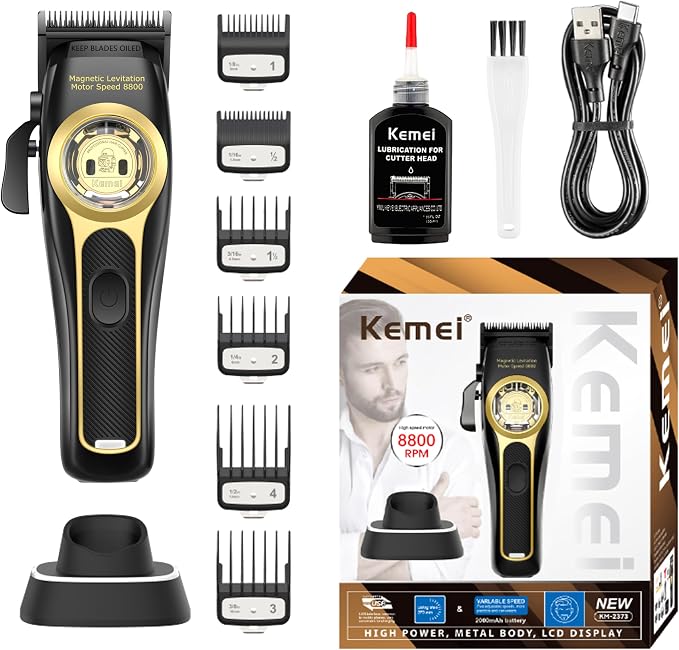 ماشین اصلاح موی سر و صورت کیمی KEMEI 2373 حرفه‌ای | موتور مگنتی 8800 دور | باتری 2500mAh