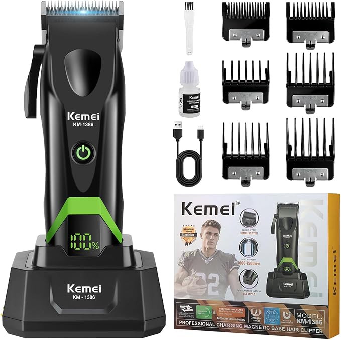 ماشین اصلاح موی سر و صورت کیمی KEMEI KM-1386 | موتور ۷۰۰۰ تا ۷۵۰۰ دور، تیغه DLC و پایه شارژ