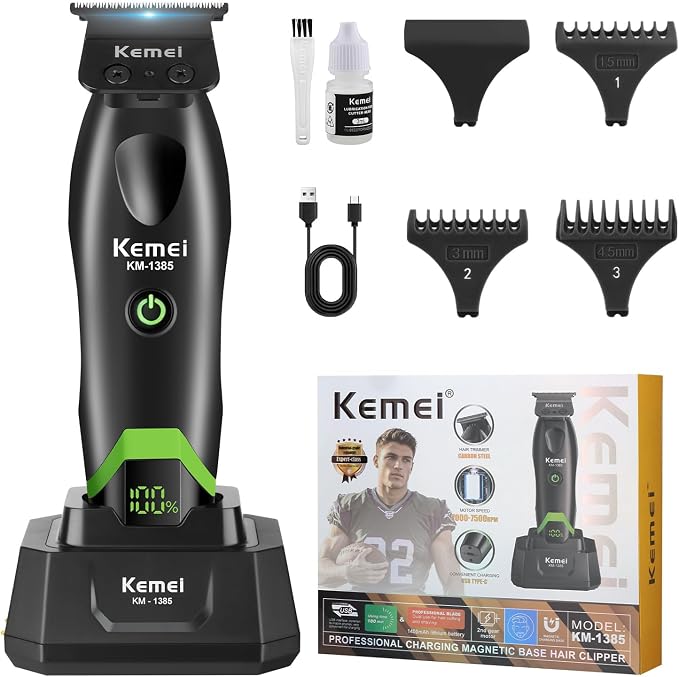 ماشین اصلاح و خط زن کیمی KEMEI KM-1385 | تیغه T شکل DLC، موتور ۷۰۰۰ تا ۷۵۰۰ دور